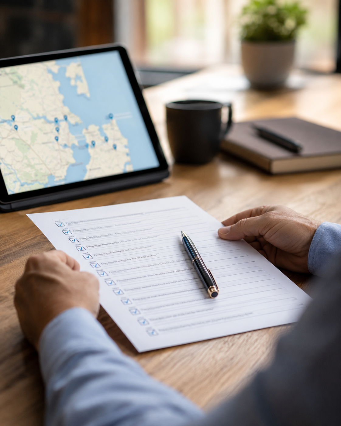 Illustration of a business owner reviewing a checklist while evaluating local SEO agencies, with a Hampton Roads map in the background