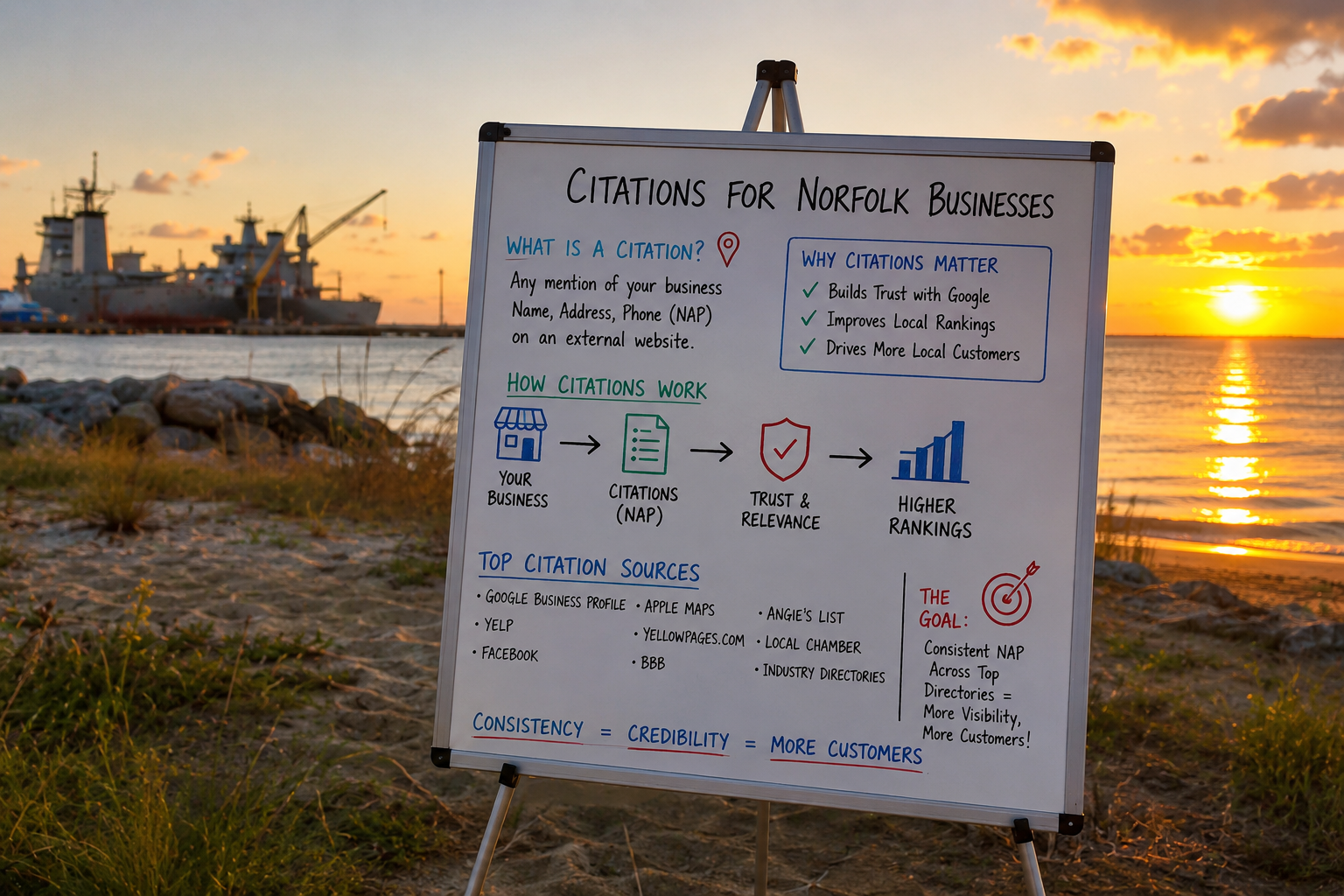 Illustration of local business citations and directory listings driving Google Maps rankings for Norfolk, Virginia businesses