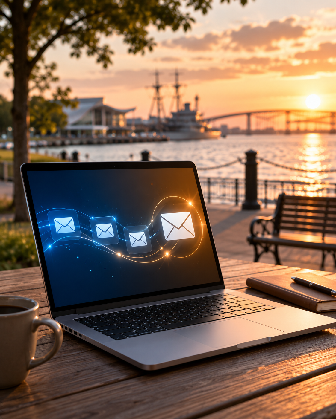 Illustration of an automated email sequence flowing from a laptop screen with a Newport News, Virginia skyline in the background