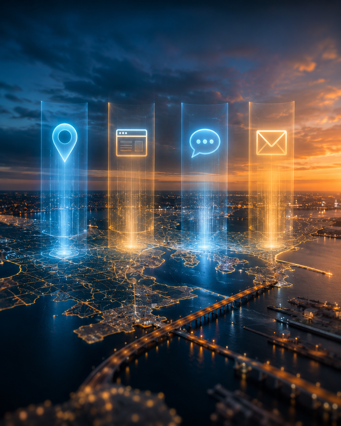 Illustration of four connected pillars representing Google Business Profile, website, Facebook page, and email marketing over a map of Hampton Roads, Virginia