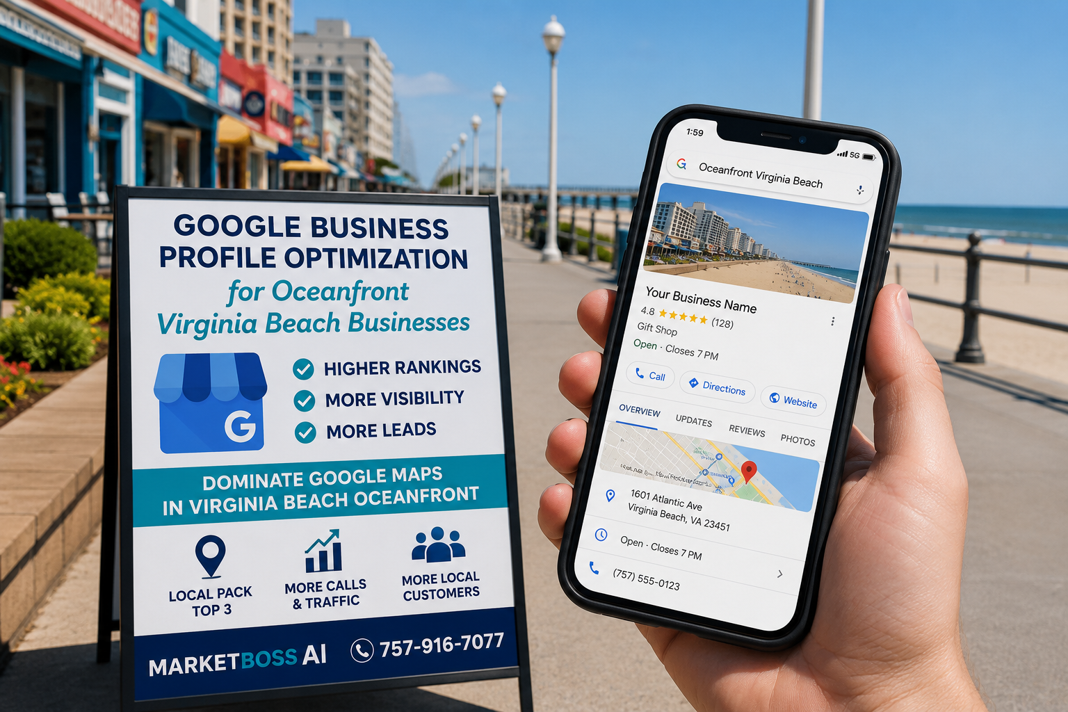 Google Business Profile optimization sign for Oceanfront Virginia Beach businesses beside a phone showing a local business profile on the Boardwalk