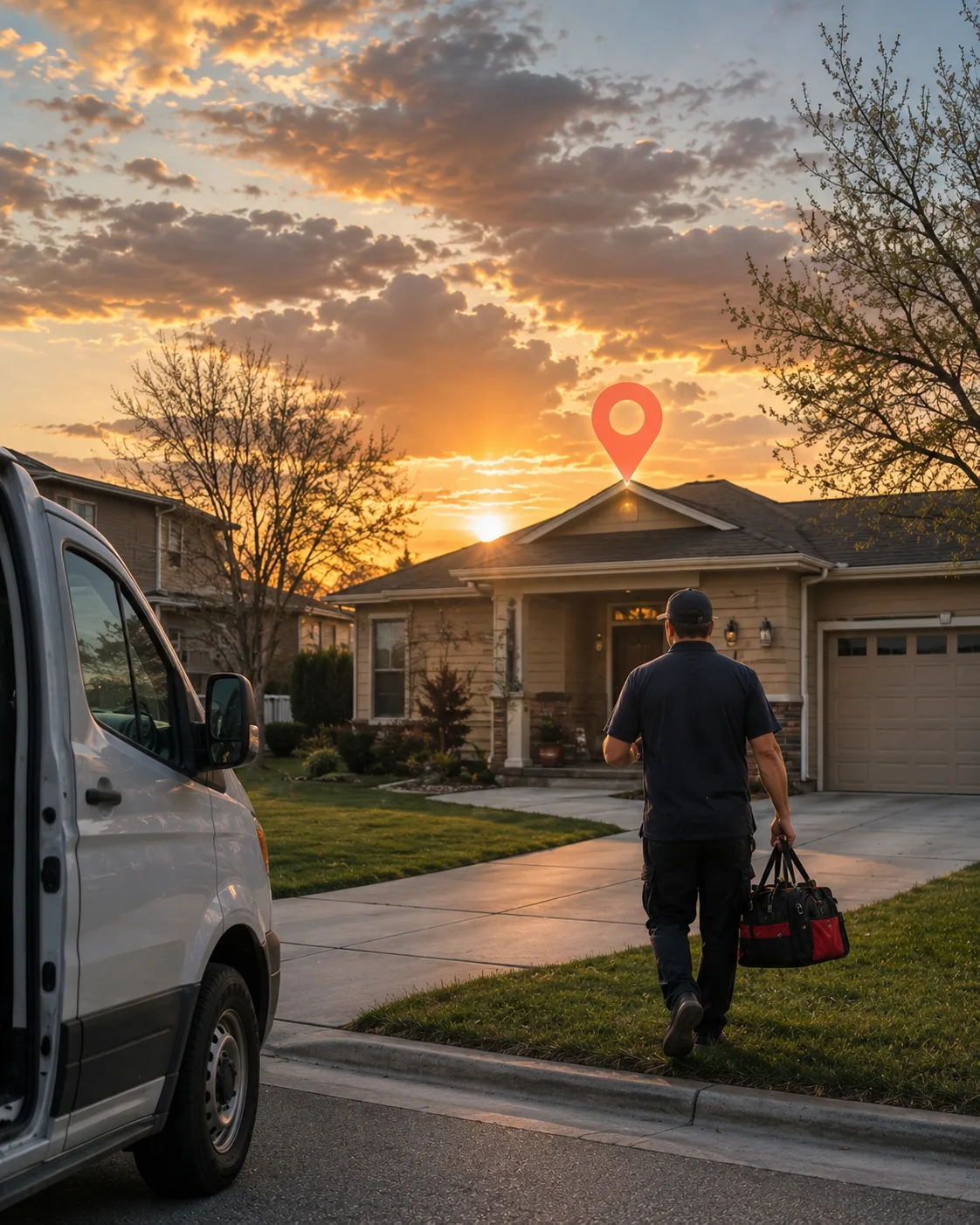 Home service technician carrying a tool bag toward a suburban Virginia Beach house at sunset, with a service van parked at the curb and a Google map pin hovering above the roof
