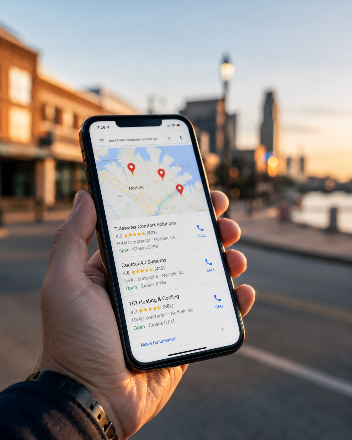 Illustration of a Google Business Profile optimization dashboard boosting Map Pack rankings for Norfolk, Virginia businesses