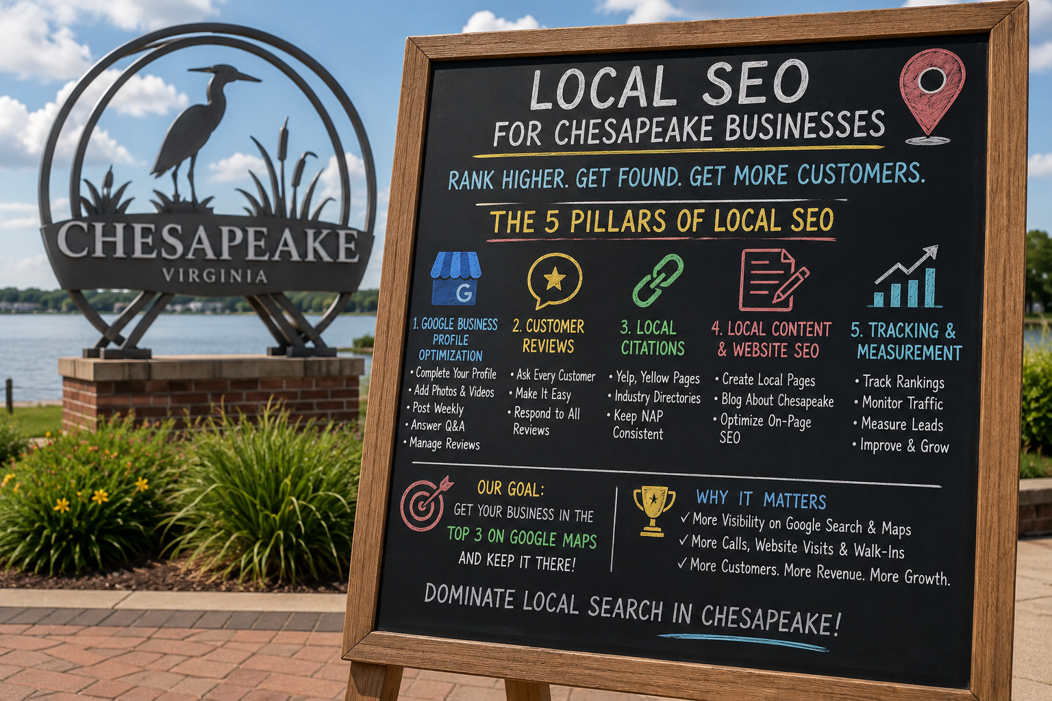 Chalkboard sign outlining the 5 pillars of local SEO for Chesapeake, Virginia businesses beside the Chesapeake city landmark