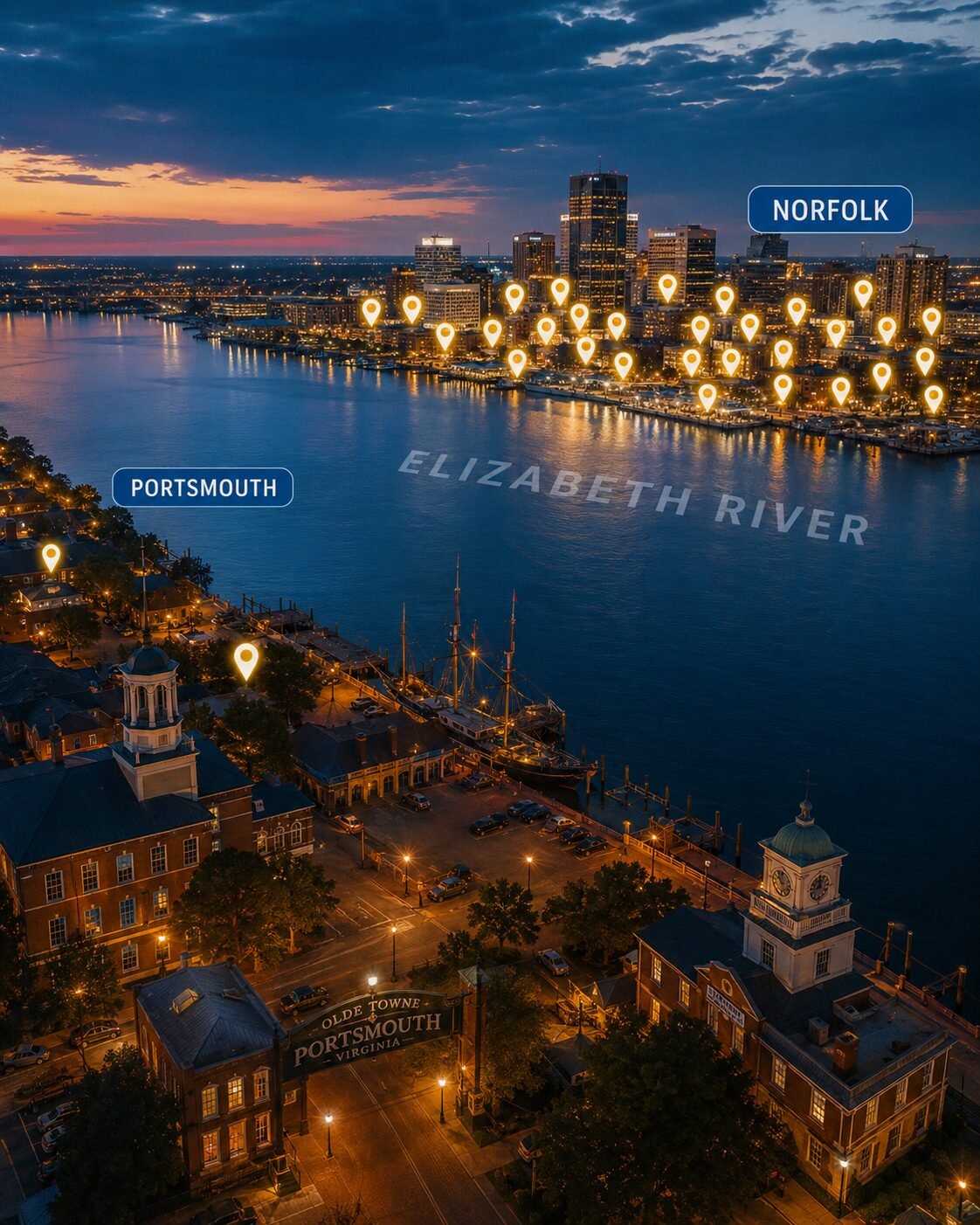 Aerial dusk view across the Elizabeth River showing Olde Towne Portsmouth in the foreground with two map pins, and the Norfolk skyline across the water crowded with dozens of glowing map pins