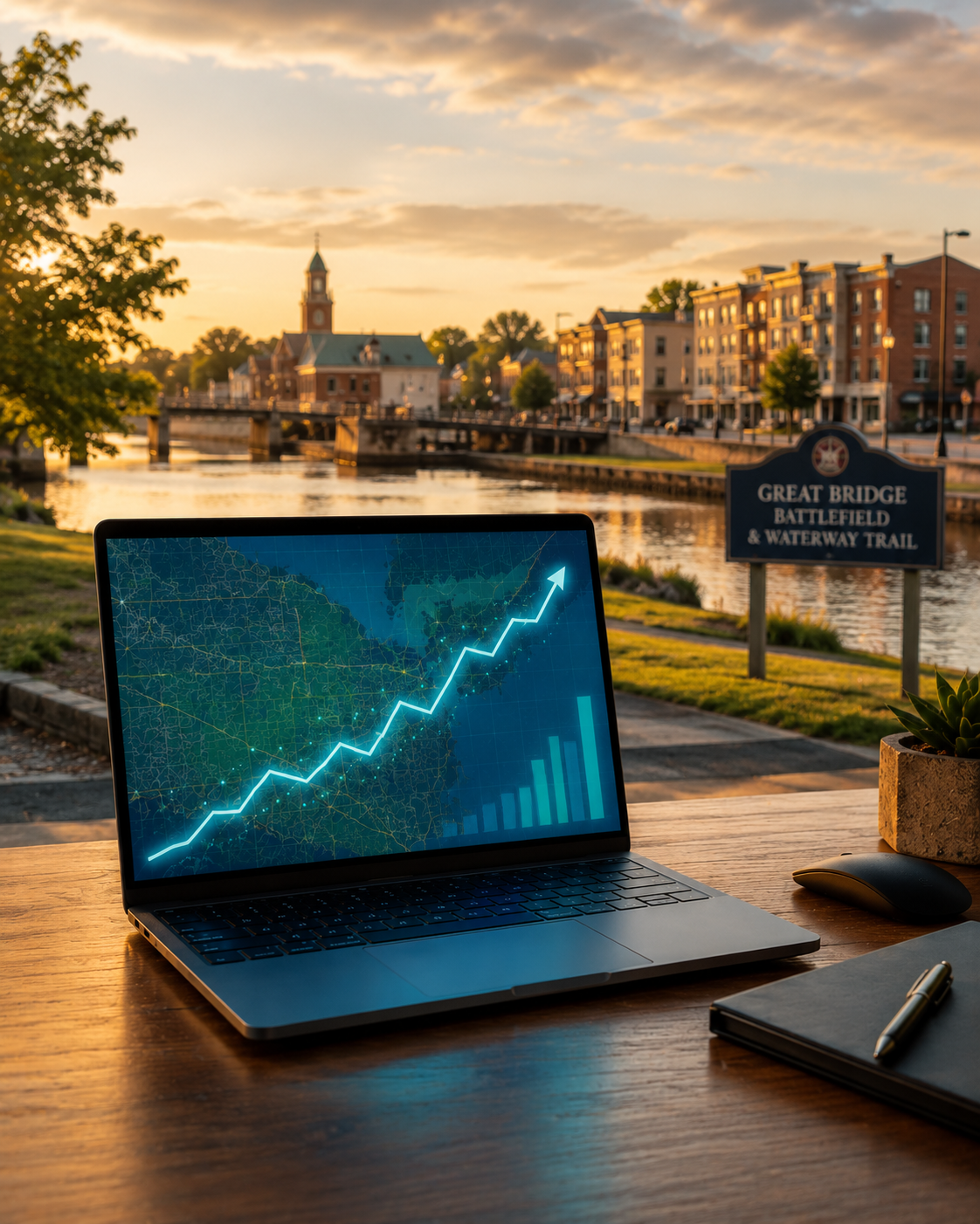 Illustration of a local SEO ranking dashboard with rising graph lines overlaid on a Chesapeake, Virginia map