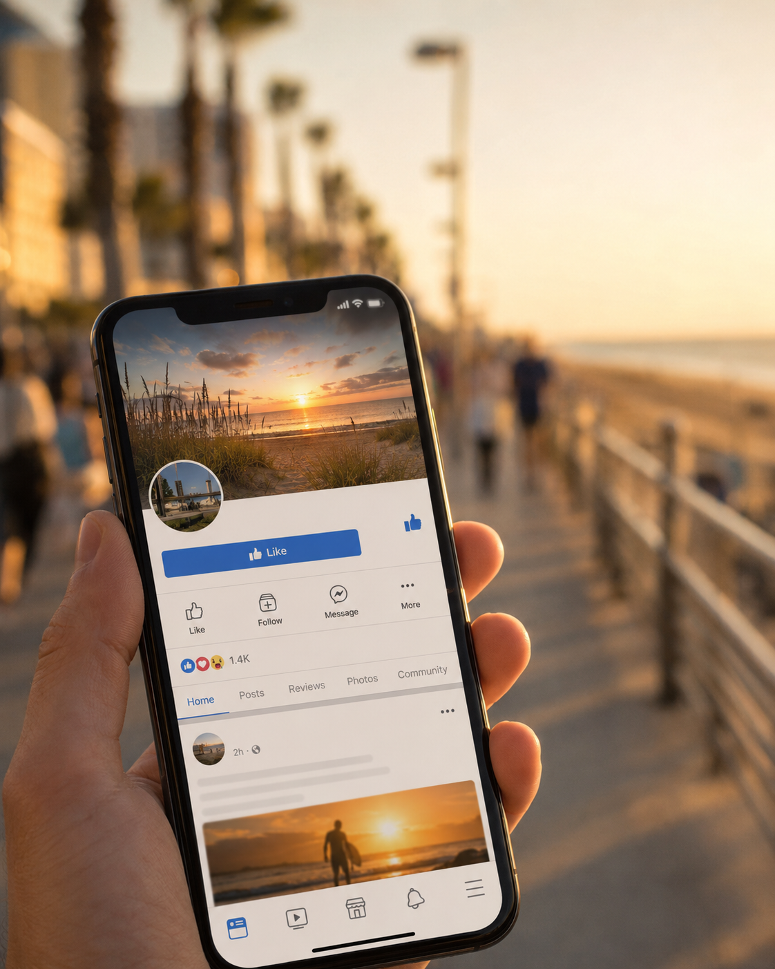 Illustration of a Facebook business page interface with engagement icons over a Virginia Beach oceanfront boardwalk scene