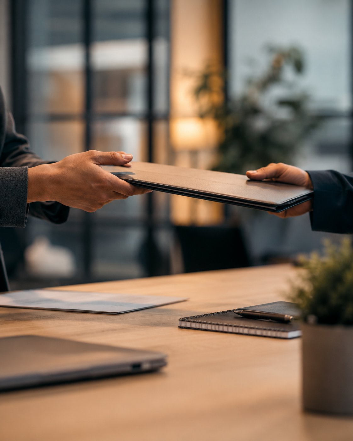 Illustration of a business owner handing off a digital marketing folder and keys between two office desks, symbolizing an agency transition