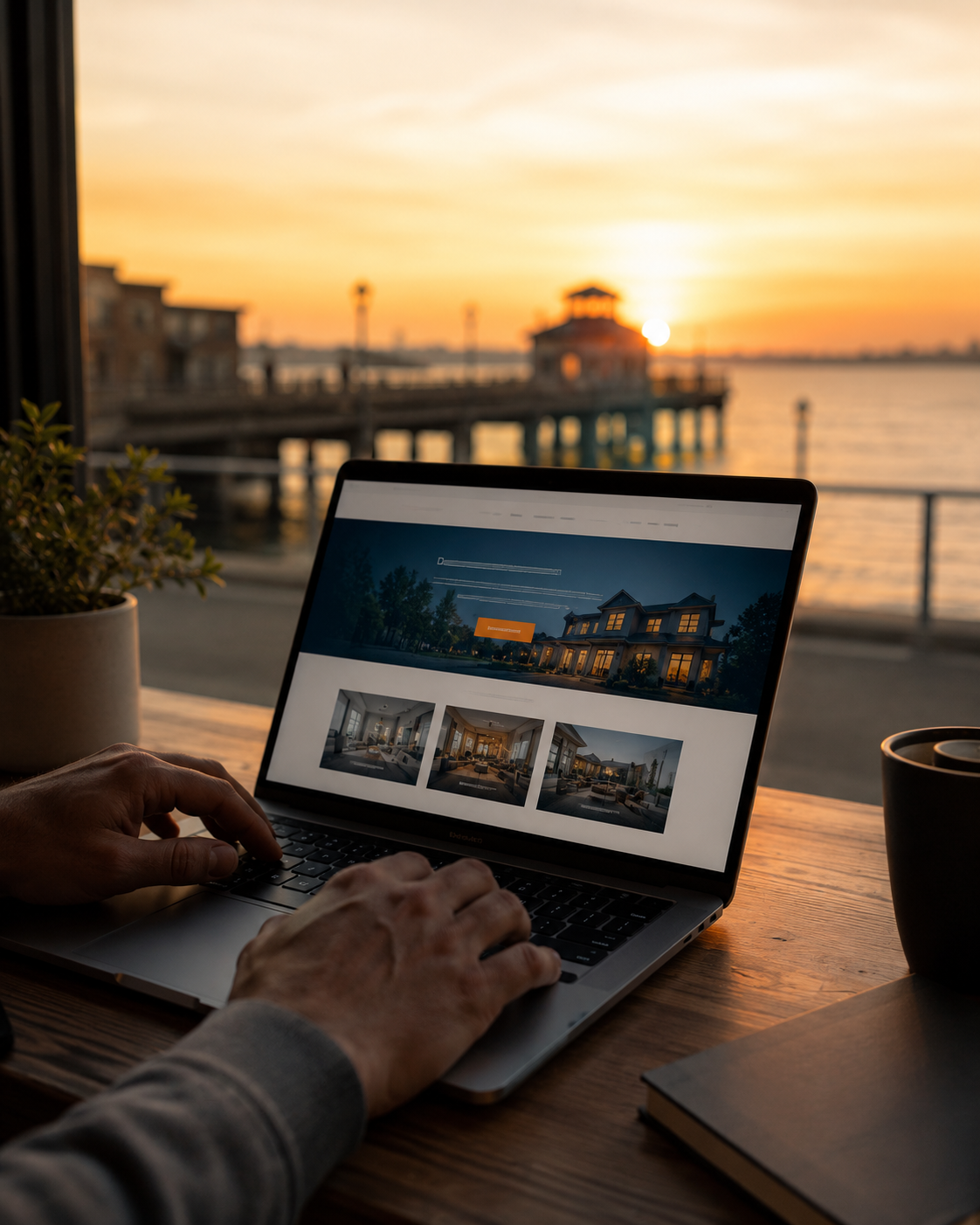 Cinematic photo of a small business owner reviewing a newly designed website on a laptop at a Hampton Roads oceanfront pier at sunset