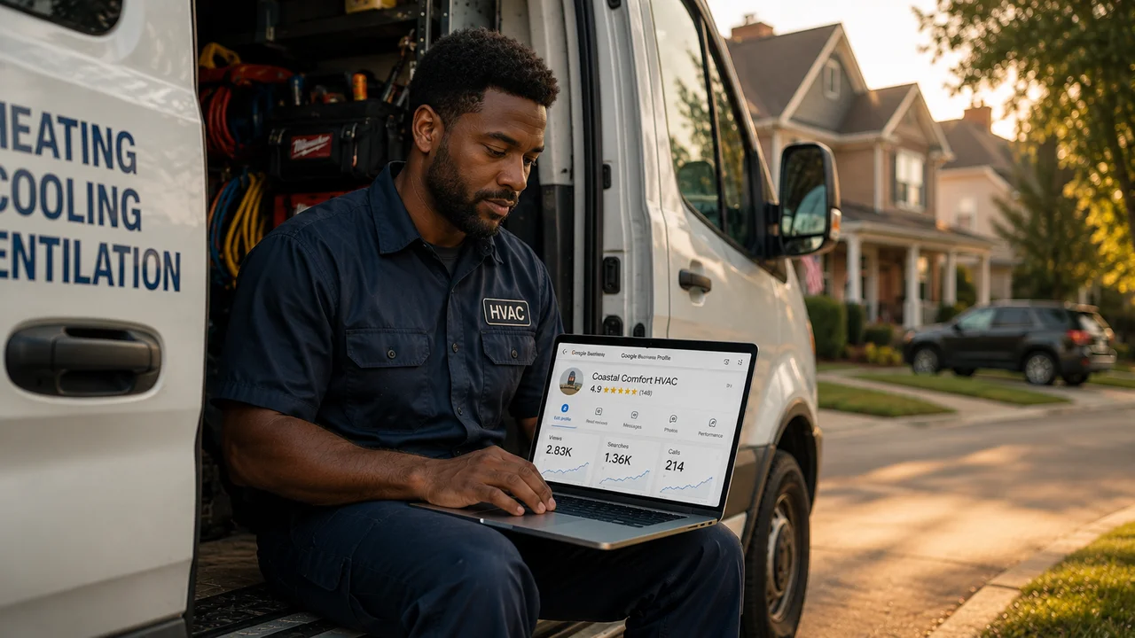 HVAC technician reviewing Google Business Profile settings on a laptop in a service van in Norfolk, Virginia