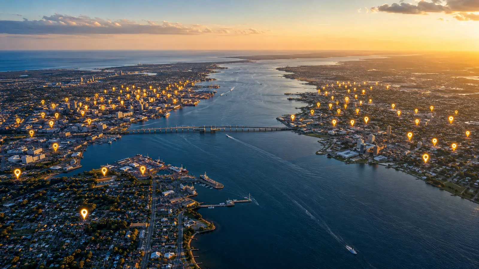 Aerial view of the Hampton Roads region at golden hour with glowing map pins clustered across the Southside and Peninsula