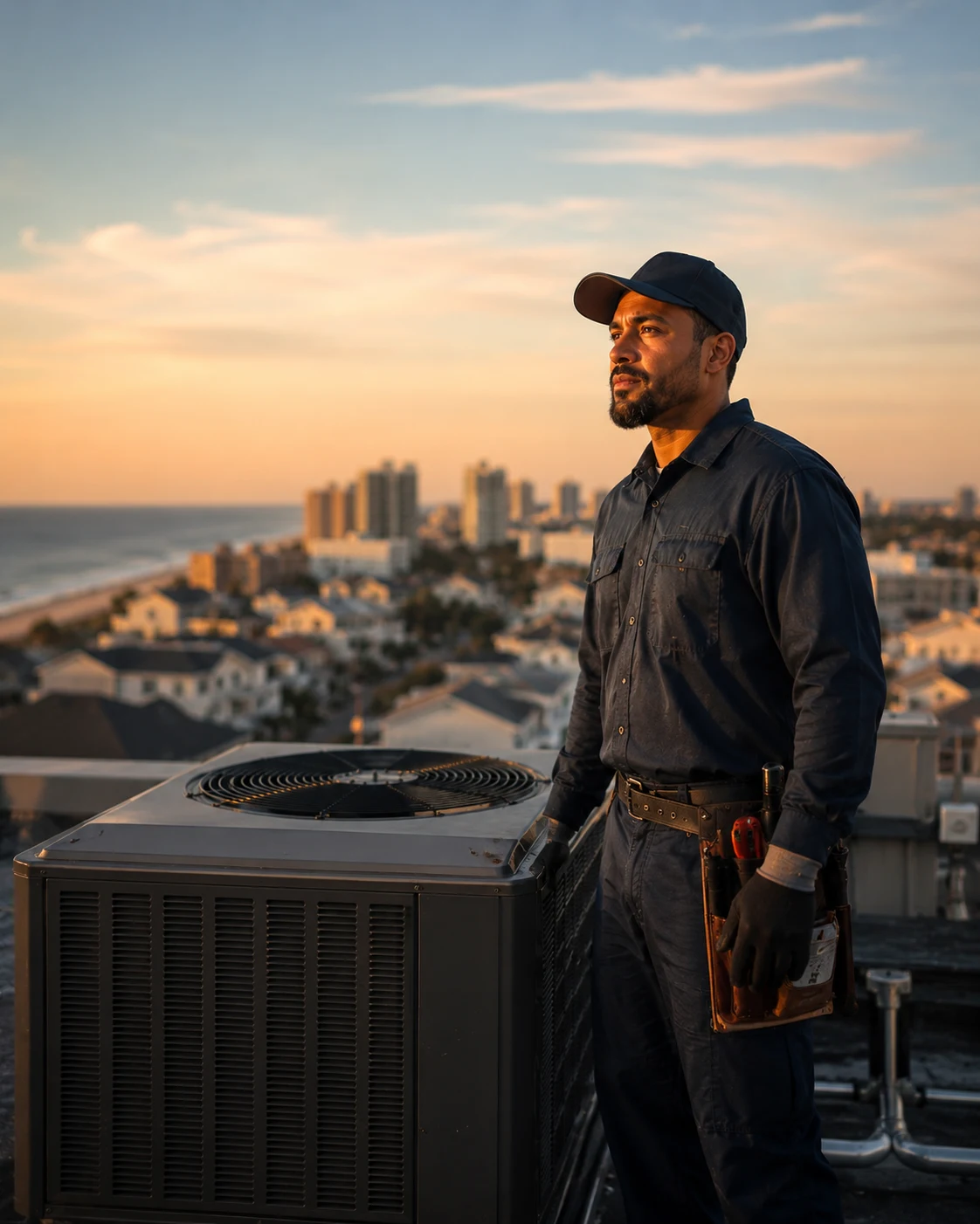 HVAC technician servicing a rooftop condenser unit in Virginia Beach, VA, representing local HVAC Google Maps ranking challenges