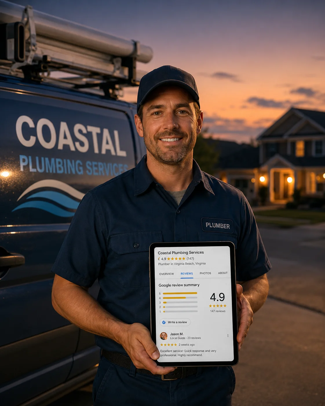 Hampton Roads plumber checking Google reviews on a tablet at a job site in Suffolk, Virginia