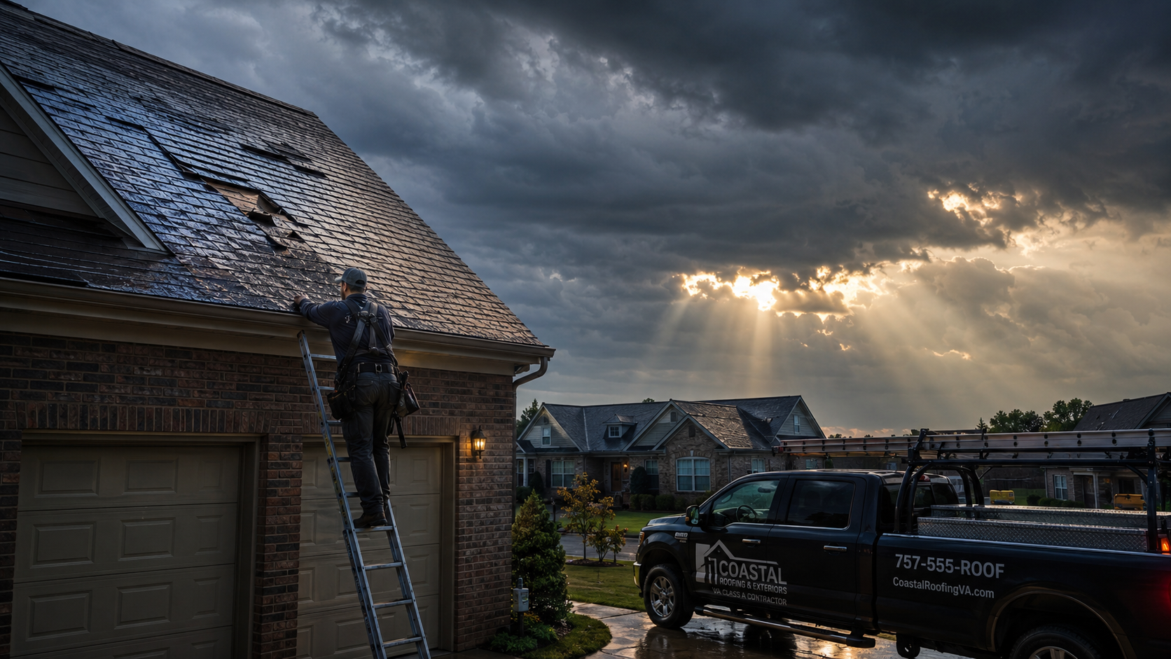 Roofing contractor inspecting storm damage on a home in Virginia Beach after a Hampton Roads storm